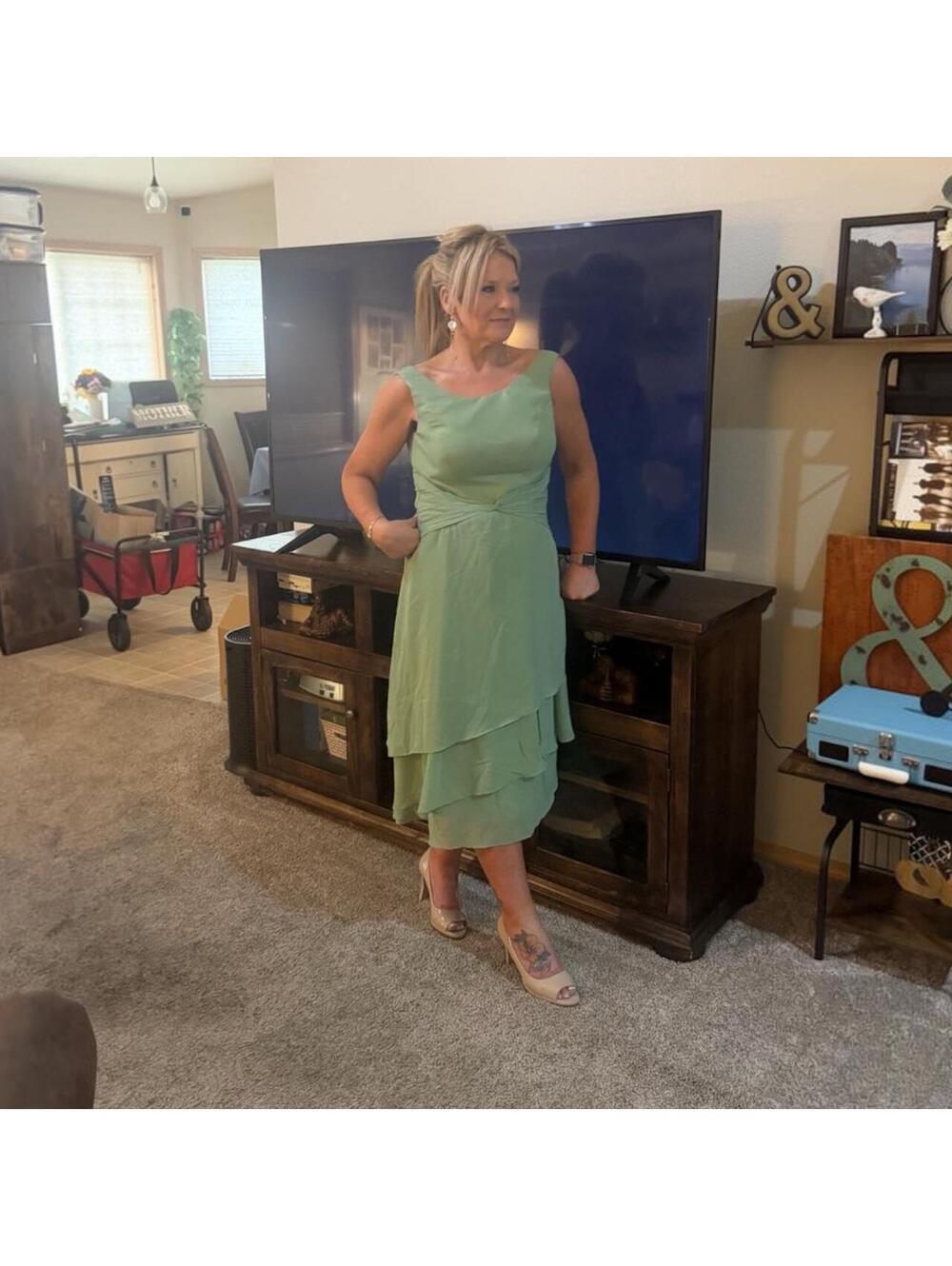 Green basil chiffon layered midi dress with corset laced back